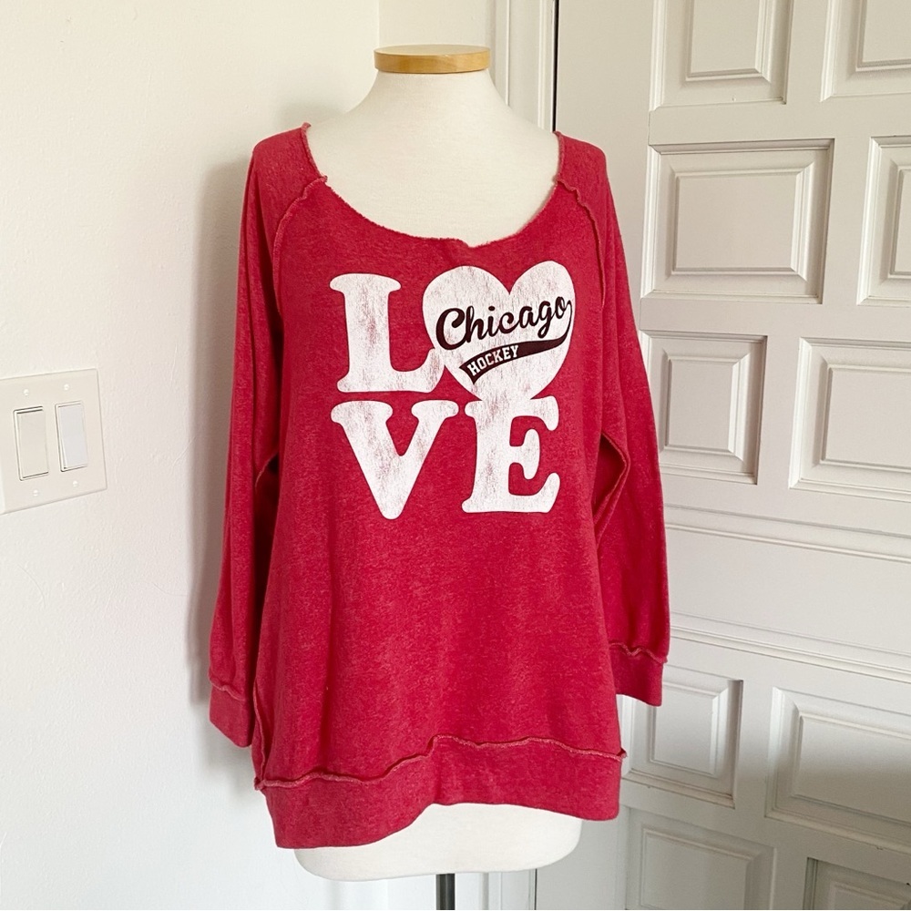 I Love Chicago Hockey Red Sweatshirt Heart Oversized Relaxed Off-the-shoulder XL